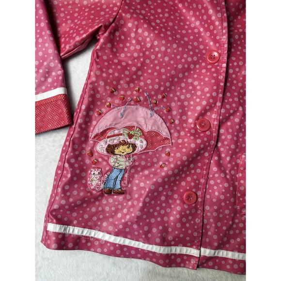 Vtg Y2k Size 6 Strawberry Shortcake Pink Rain Jacket Coat Hood Embroidered Flaws - Picture 3 of 8